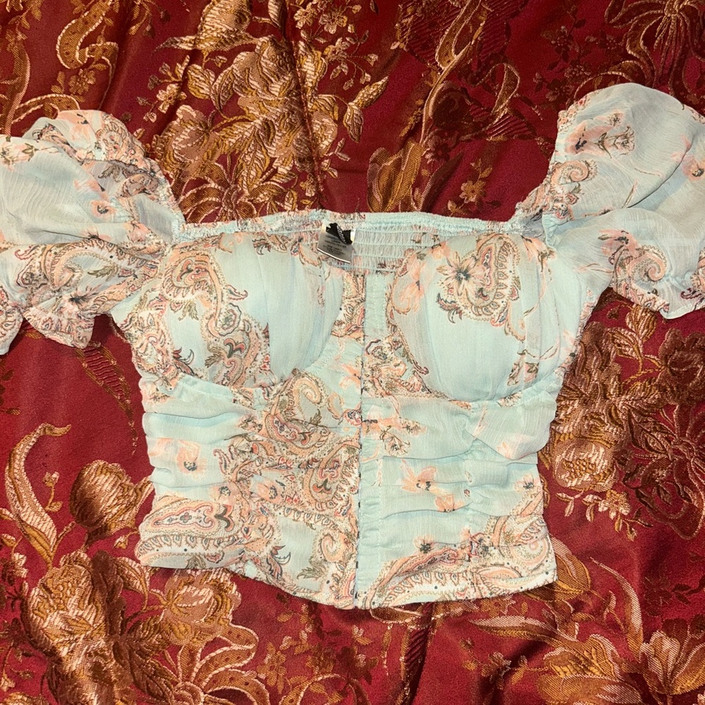 Elegant Paisley Puff Sleeve Turquoise Top